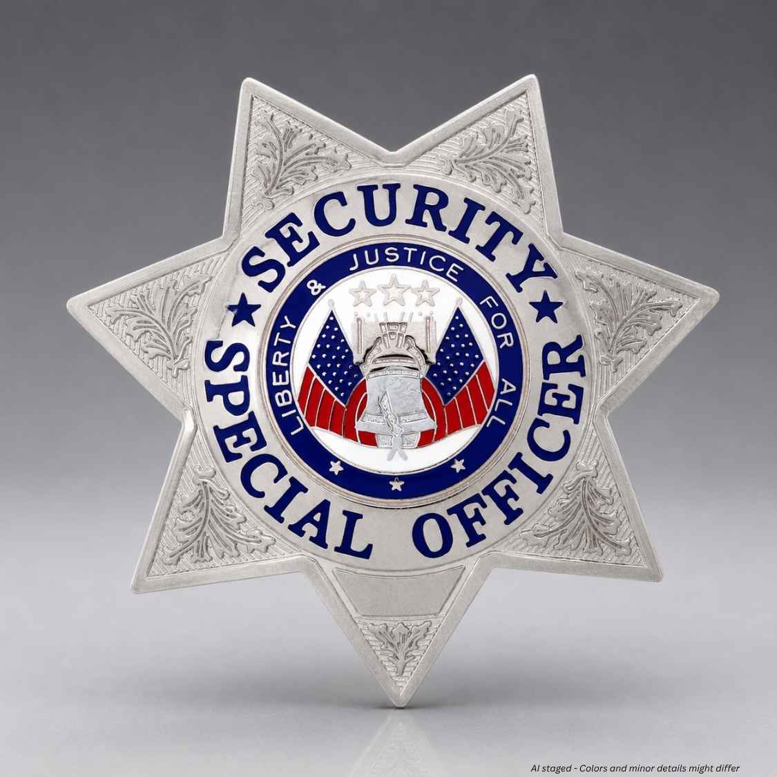 A six-pointed star-shaped silver badge designed for a Special Officer, featuring a central circular emblem with blue, red, and white details, including the text 'SECURITY & JUSTICE FOR ALL' and 'LIBERTY & JUSTICE FOR ALL'.