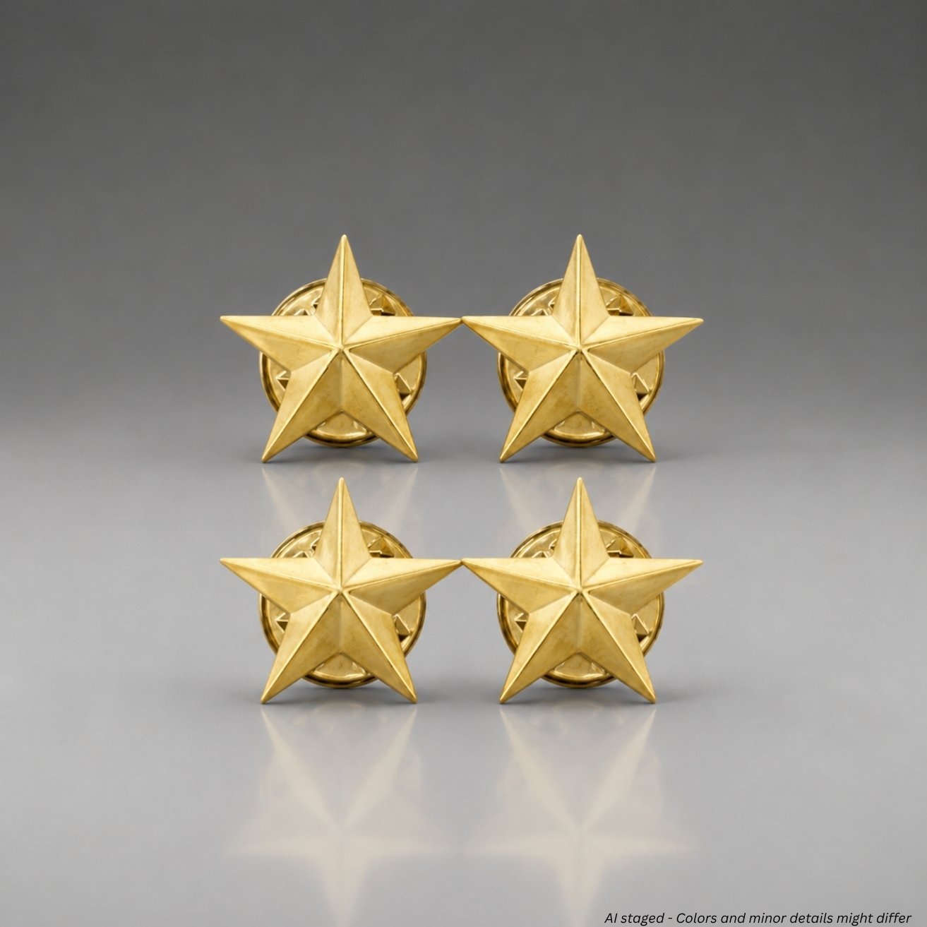 First Class Two Star Collar Insignia gold-plated model IN32, showing three-dimensional faceted five-pointed star design with clutch-back fasteners