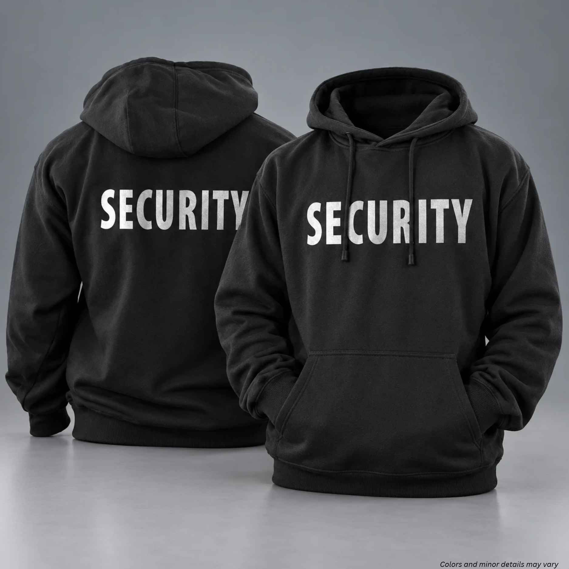 First Class Uniforms black SECURITY hoodie JS60SWB with bold white ID on the front and back