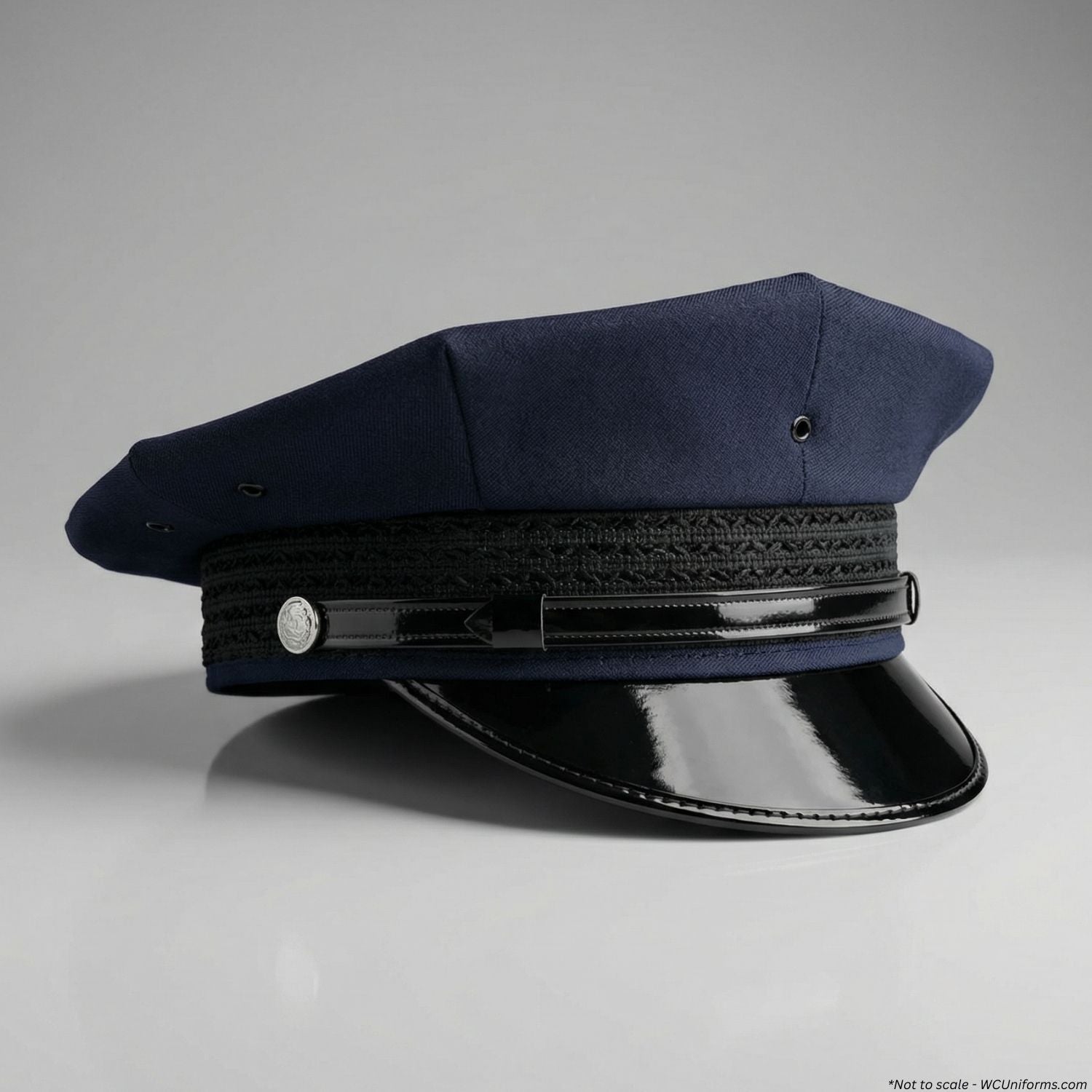 Navy blue police cap with a black band on a gray background