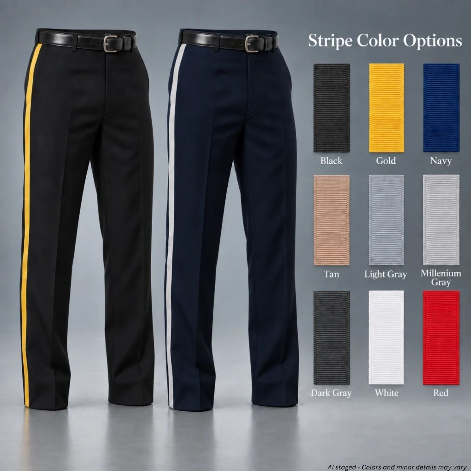 First Class Uniforms SP12 striped polyester uniform pants in black and dark navy with 9 stripe color options