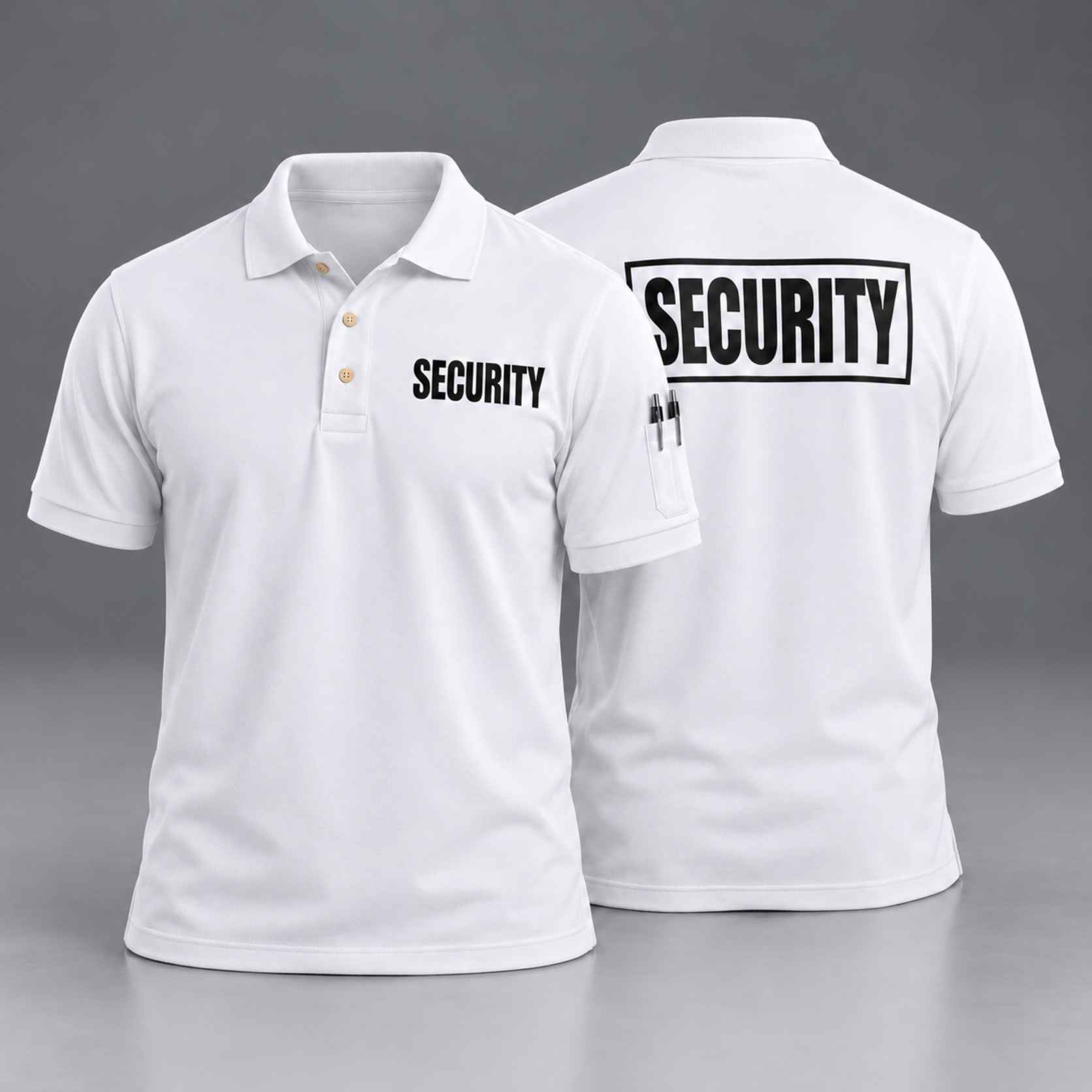 First Class Tactical Security Polo PS110, white with black SECURITY lettering, front and back