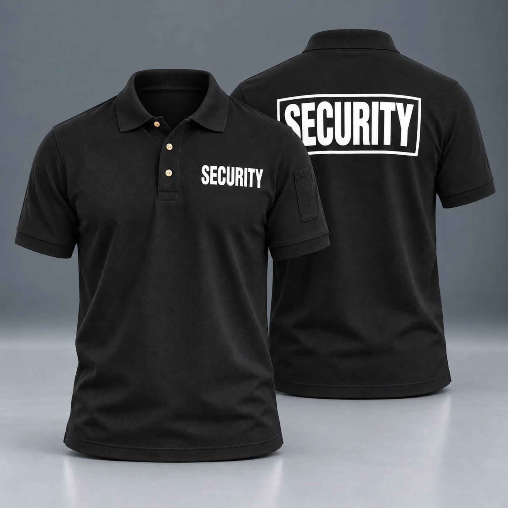 First Class Tactical Security Polo PS111, black with white SECURITY lettering, front and back