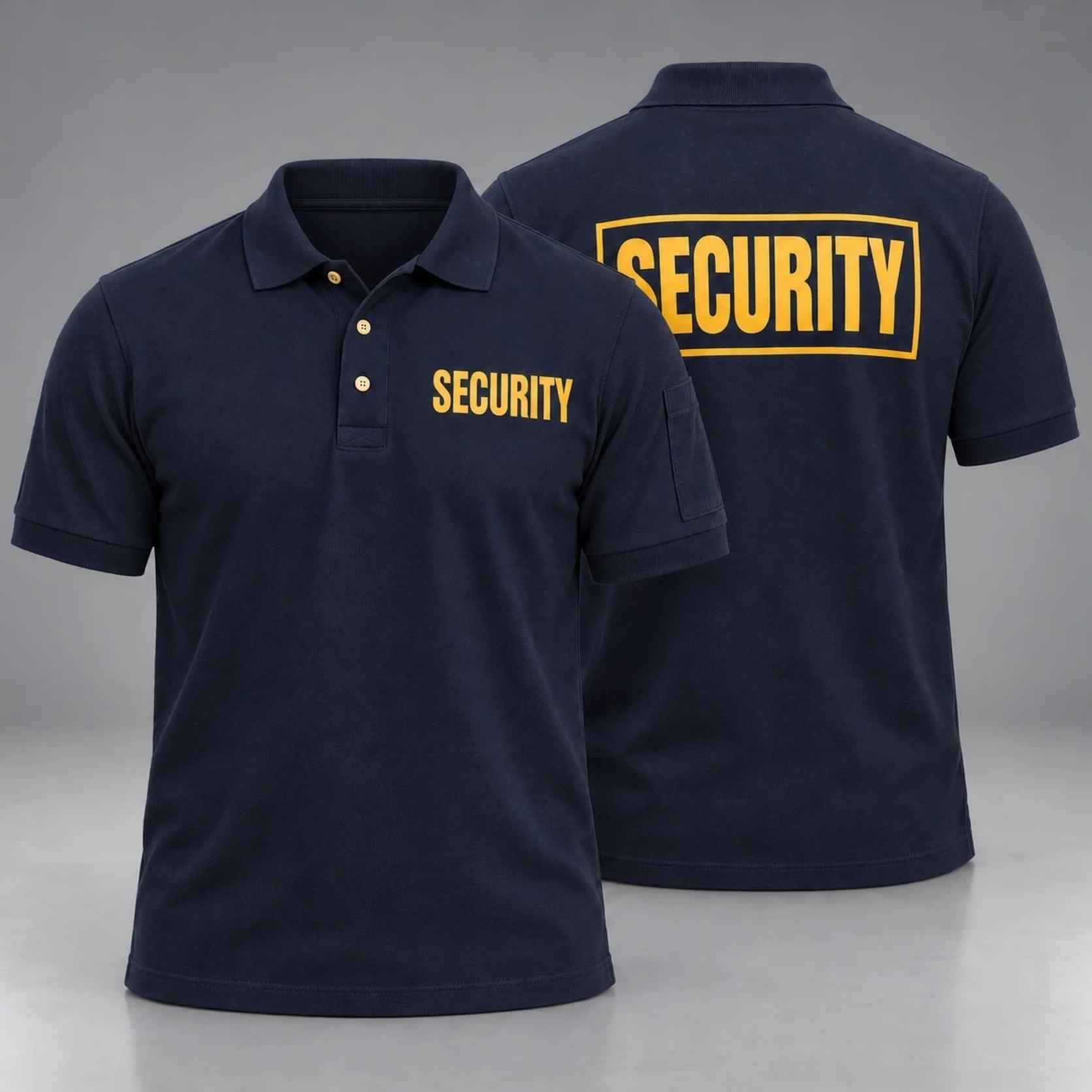 First Class Tactical Security Polo PS112, navy with gold SECURITY lettering, front and back