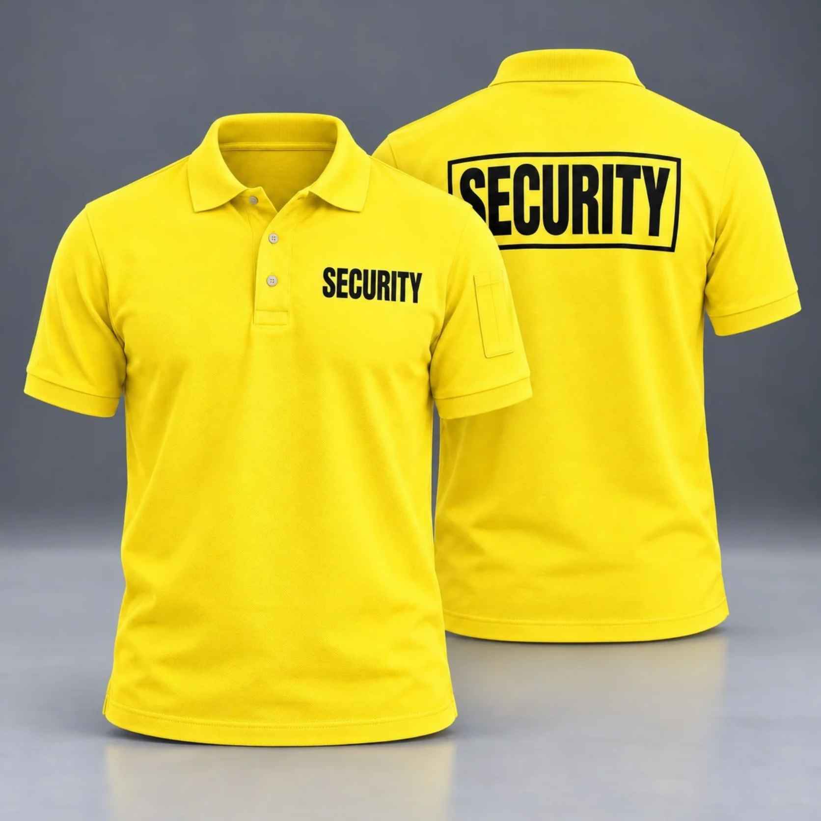 First Class Tactical Security Polo PS113, yellow with black SECURITY lettering, front and back