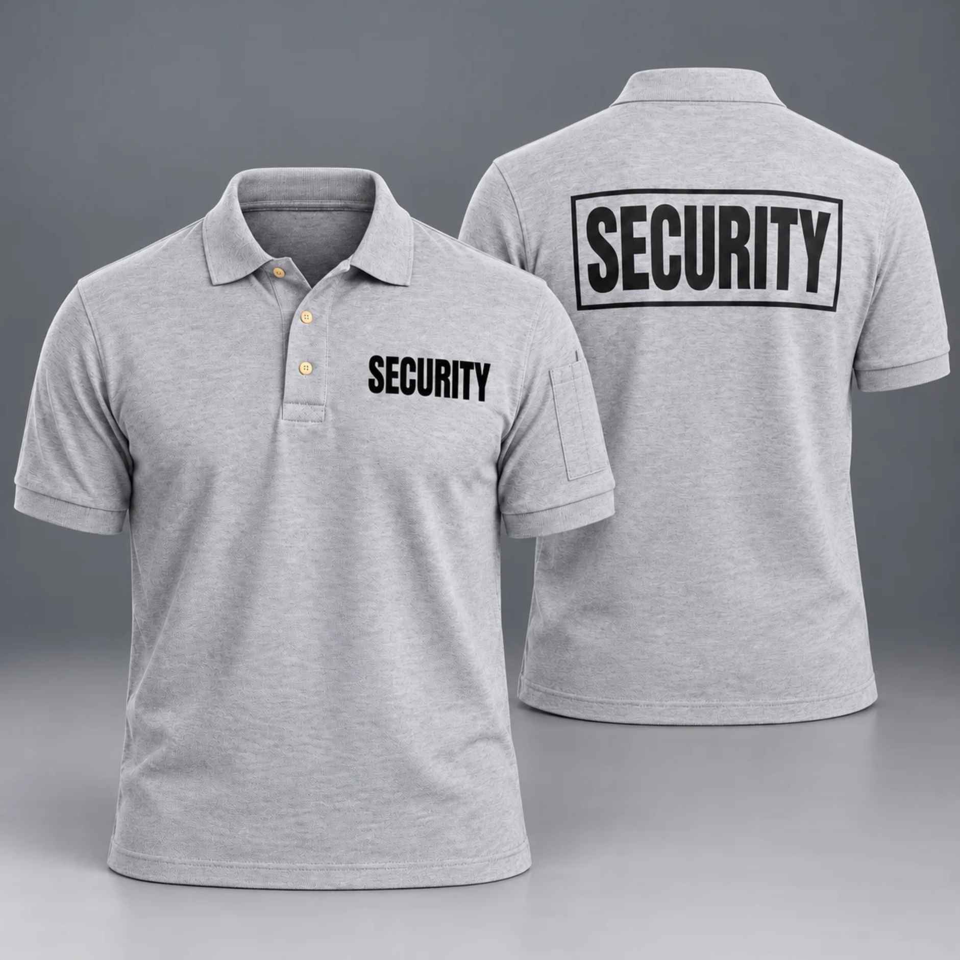 First Class Tactical Security Polo PS114, heather gray with black SECURITY lettering, front and back