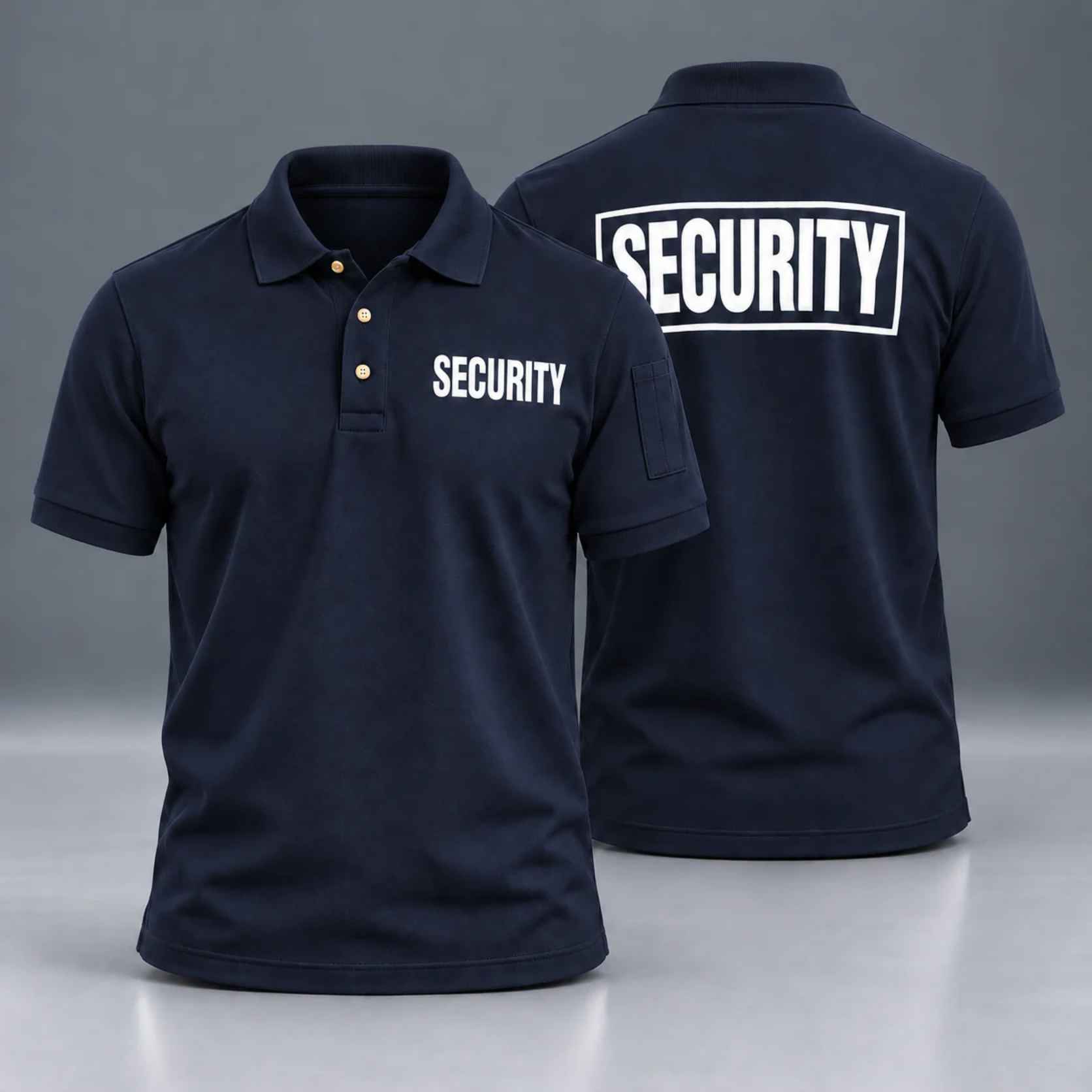 First Class Tactical Security Polo PS115, navy with white SECURITY lettering, front and back