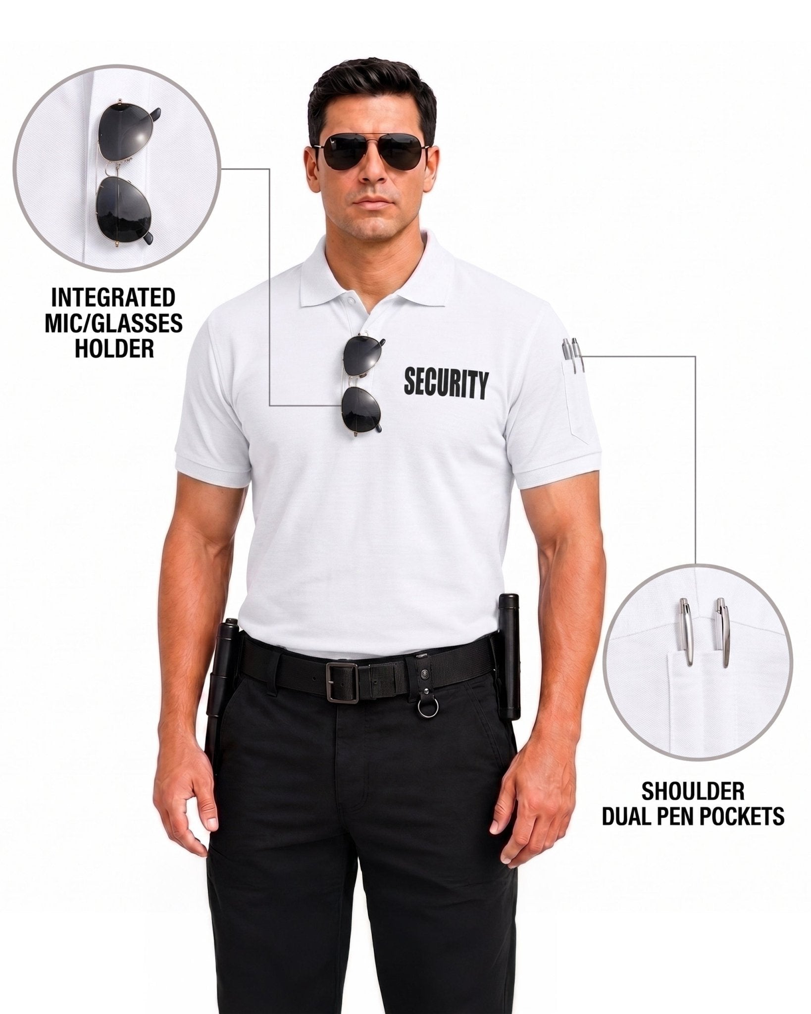 White PS110 security polo with callouts for the mic or glasses holder and sleeve pen pockets