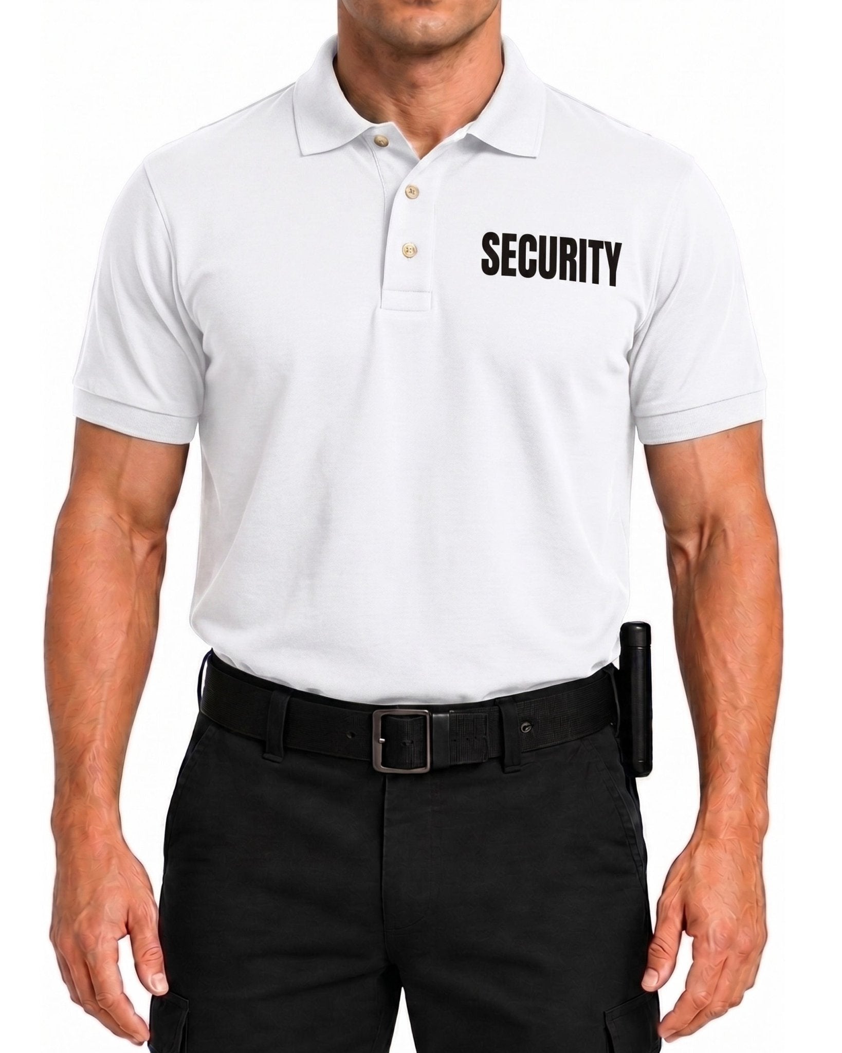 Officer wearing the white PS110 security polo with a duty belt