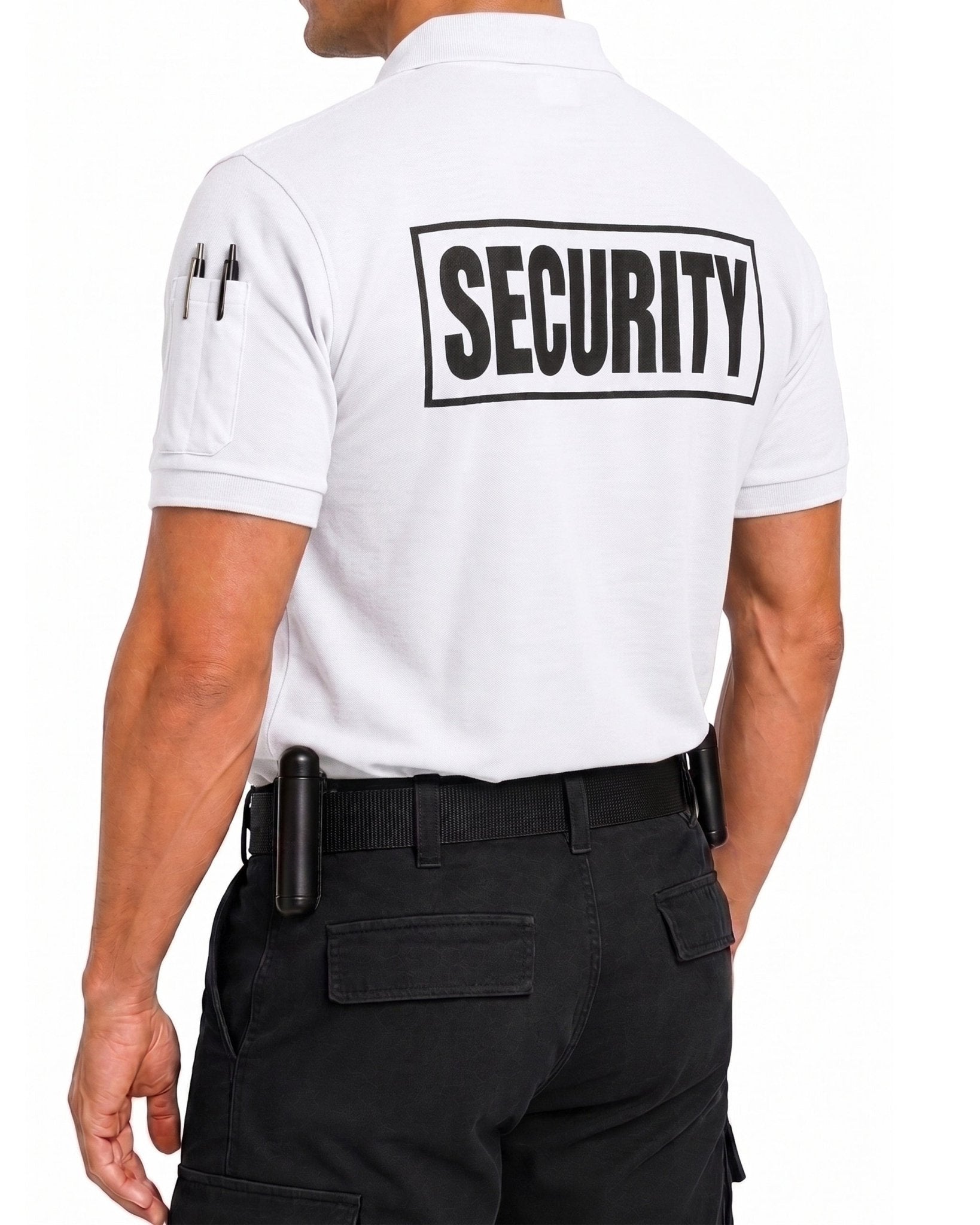 Officer wearing the white PS110 security polo showing boxed SECURITY lettering on the back