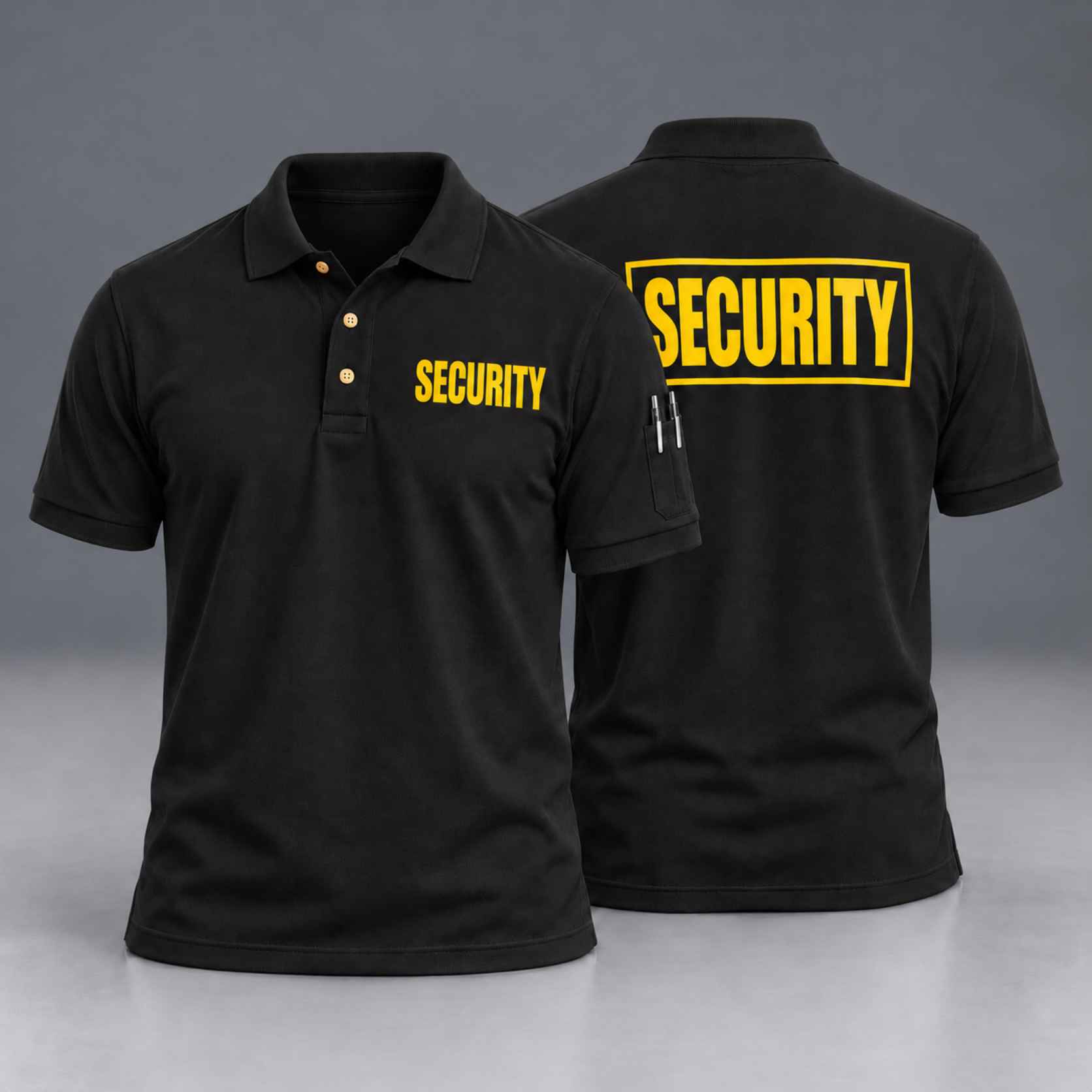 First Class Tactical Security Polo PS145, black with gold SECURITY lettering, front and back