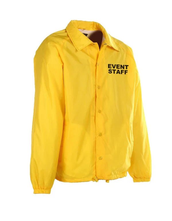 Front angle of the yellow WB21 windbreaker with black EVENT STAFF lettering on the left chest.