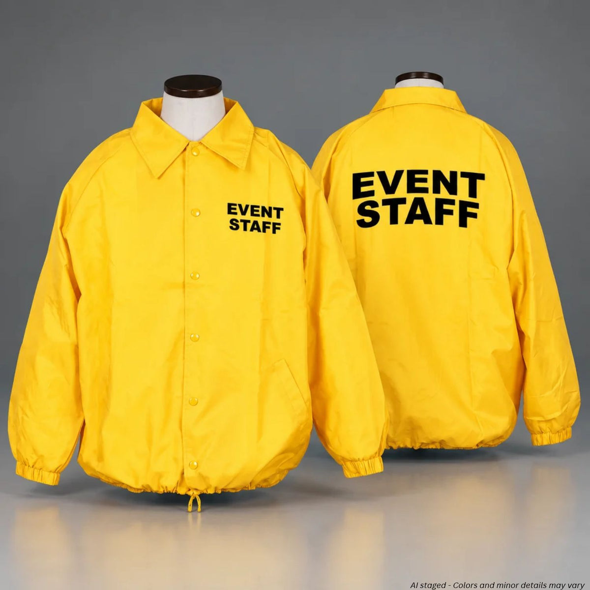 Yellow First Class Uniforms WB21 Event Staff windbreaker shown from the front and back.