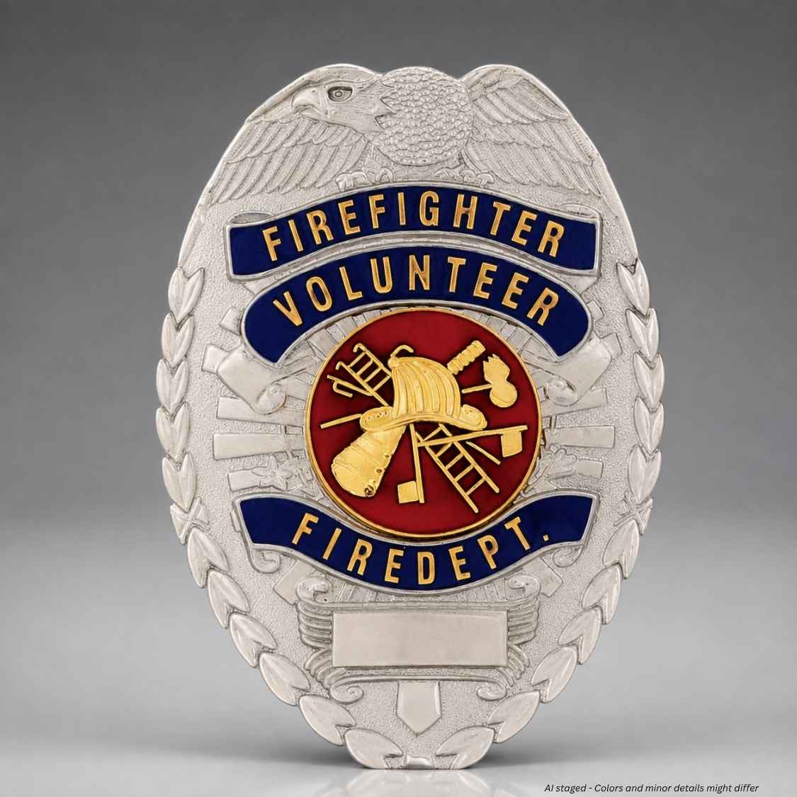 A firefighter volunteer badge shaped like a shield, featuring a silver-toned metal border with an eagle and wreath design. The center has a red circular emblem with yellow firefighting tools and a yellow helmet, framed by two blue banners with yellow text reading 'FIREFIGHTER VOLUNTEER' and 'FIREDEPT.