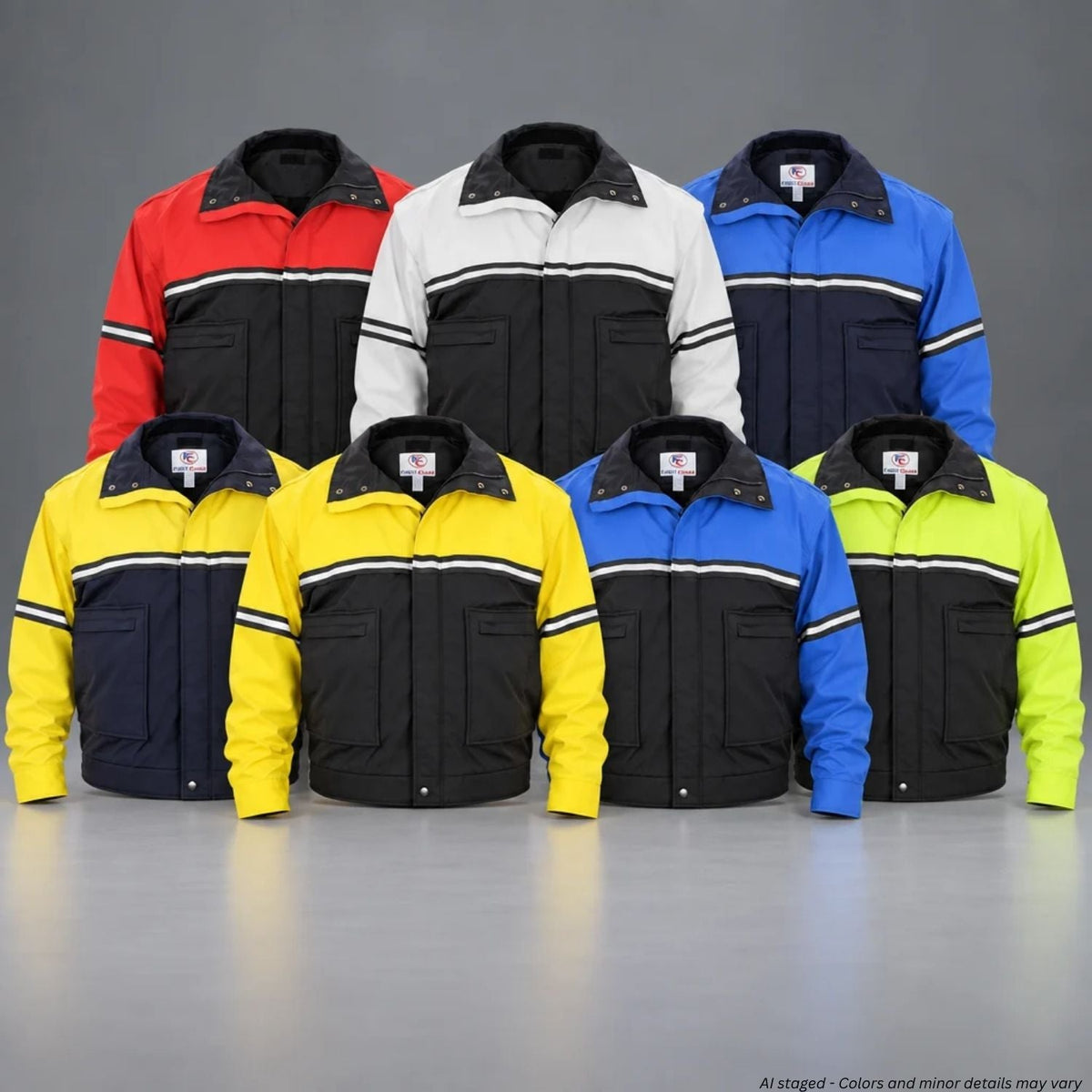 Seven First Class bike patrol jackets in two-tone colors displayed in a tiered studio arrangement.