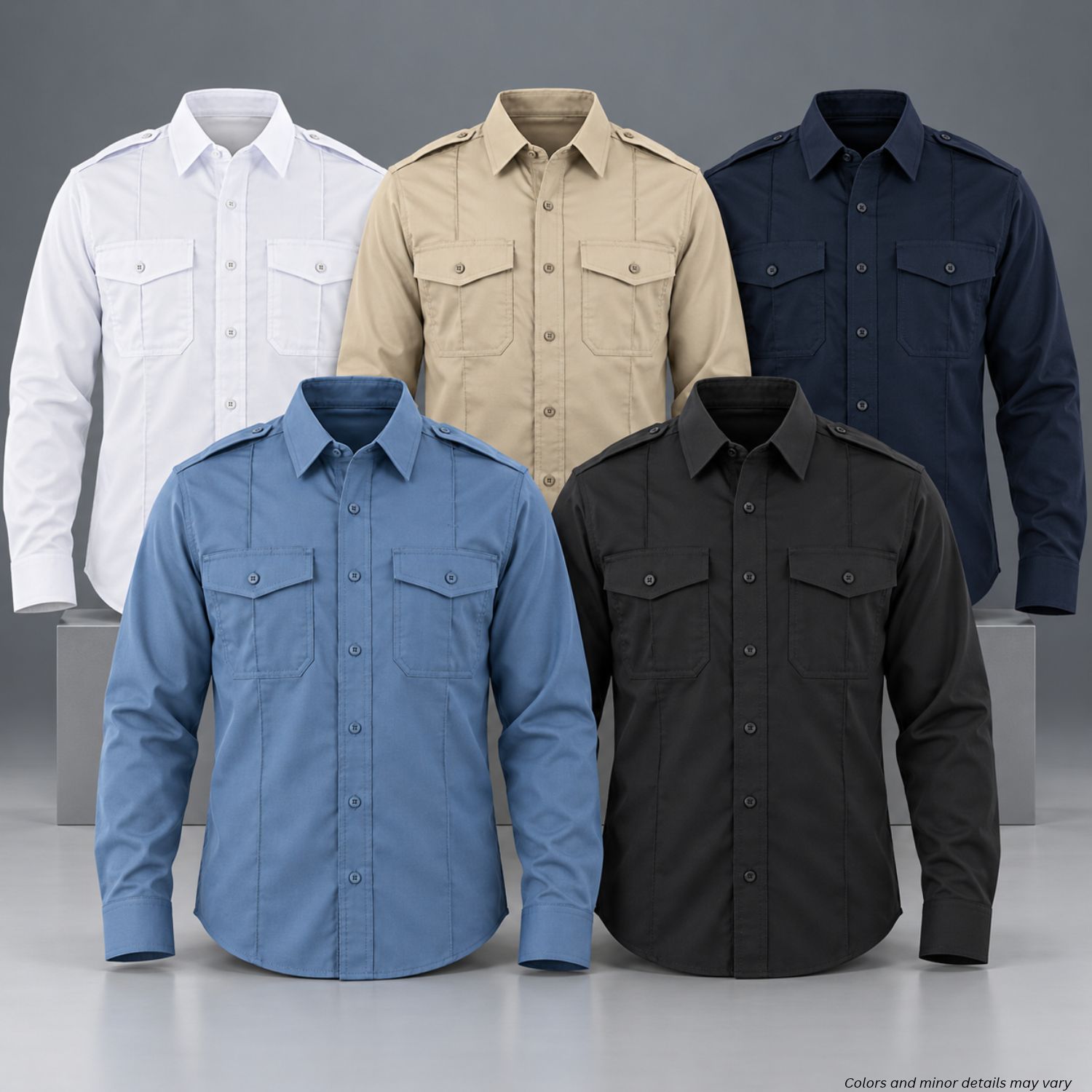 First Tactical V2 Pro Duty long-sleeve uniform shirt 111011 in White, Silver Tan, Midnight Navy, French Blue, and Black