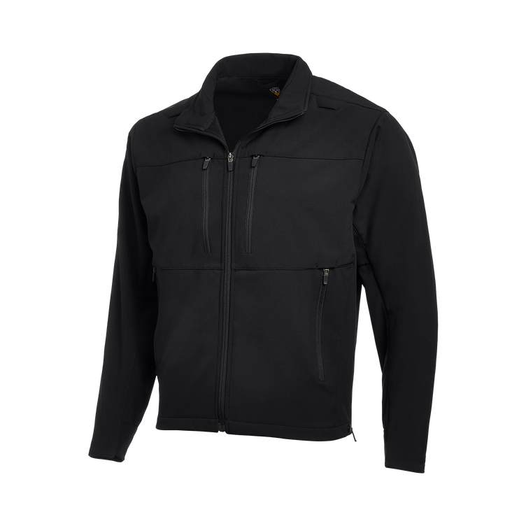 Flying Cross Dutyguard Full Zip Softshell Jacket in black, offering wind and water protection with pockets for secure storage.