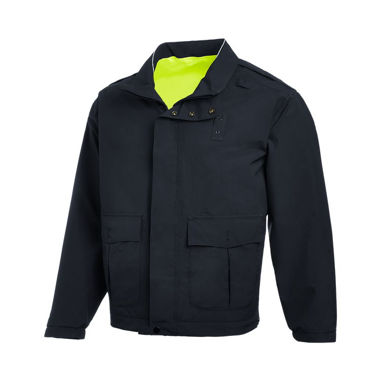 Flying Cross Dutyguard RT Reversible Bomber Jacket in black with bright yellow interior, designed for public safety professionals.