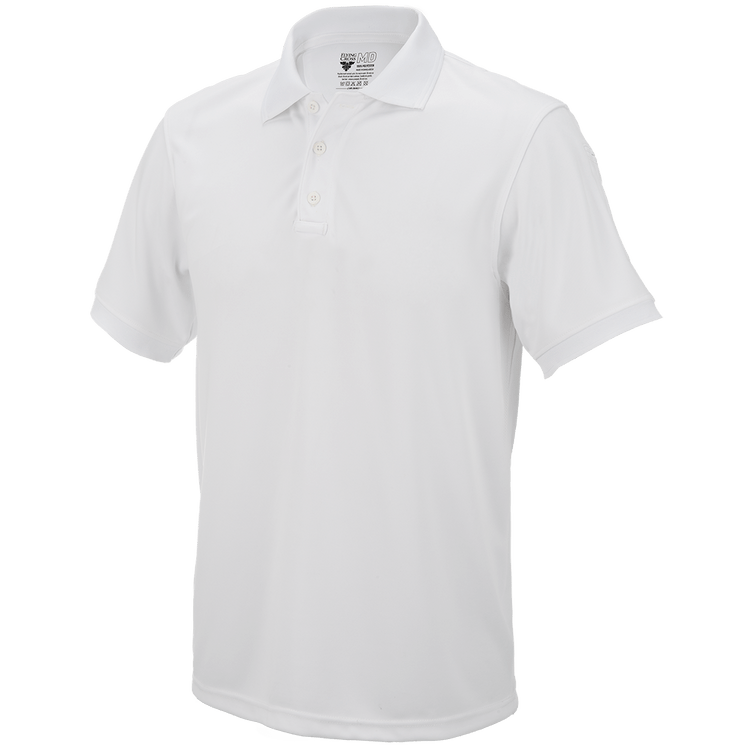 White short sleeve polo shirt designed for comfort and mobility, featuring moisture-wicking fabric and modern cut.