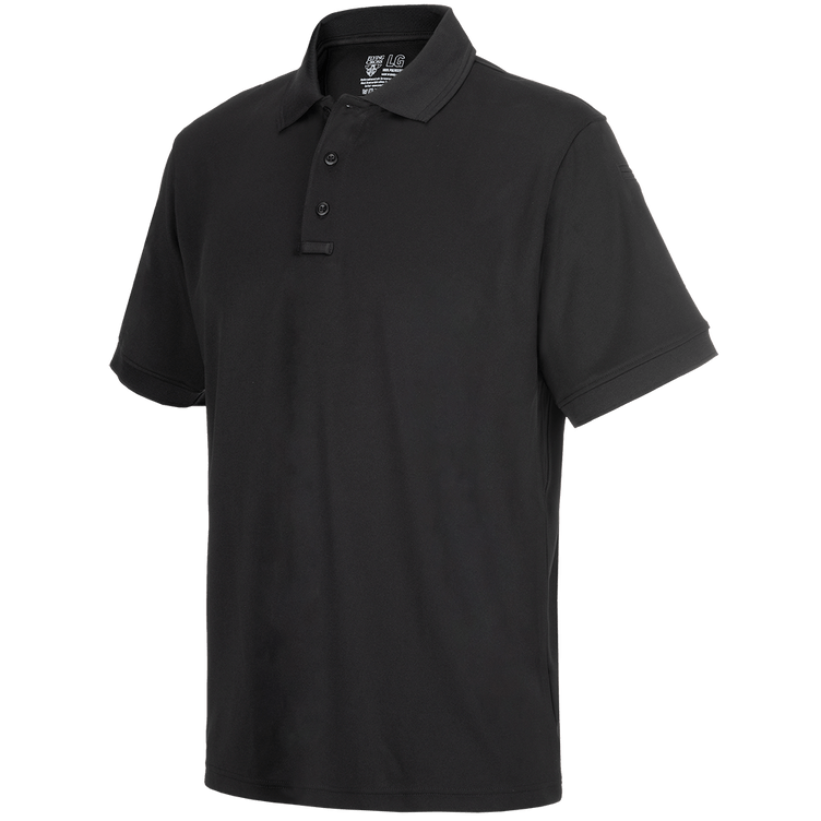 Flying Cross Short Sleeve Impact Polo 2.0 in black, featuring moisture-wicking fabric and underarm gusset for mobility.