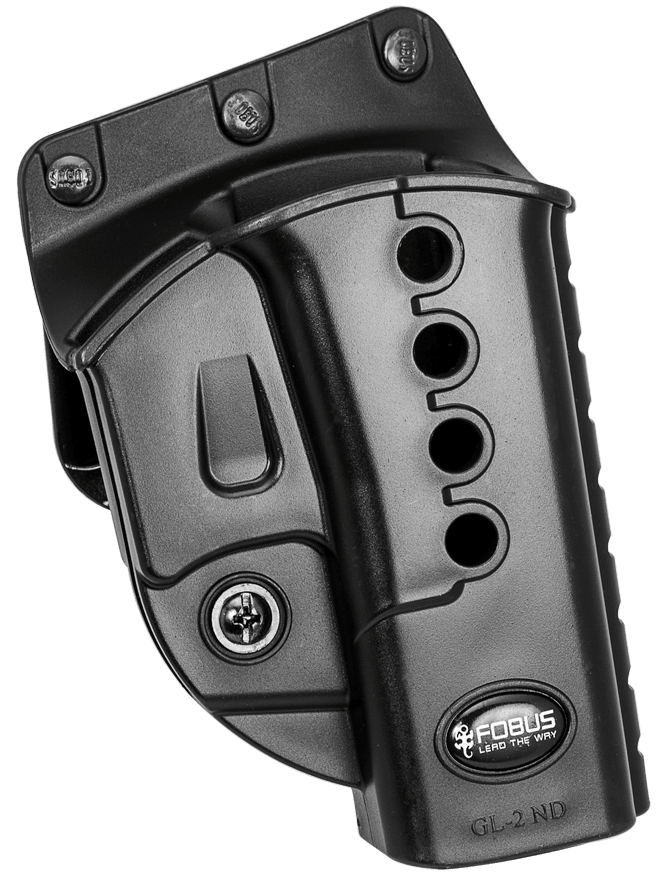 Black gun holster with visible branding on a white background