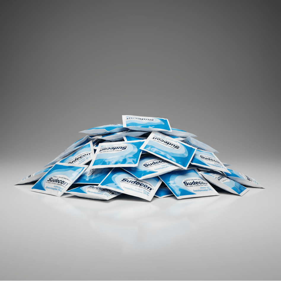 Pile of Sudecon packets on a gray background