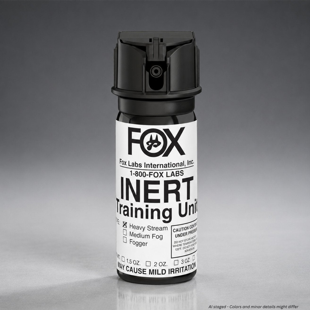 Fox Labs International inert training OC spray, white 1.5oz flip top can with stream pattern label