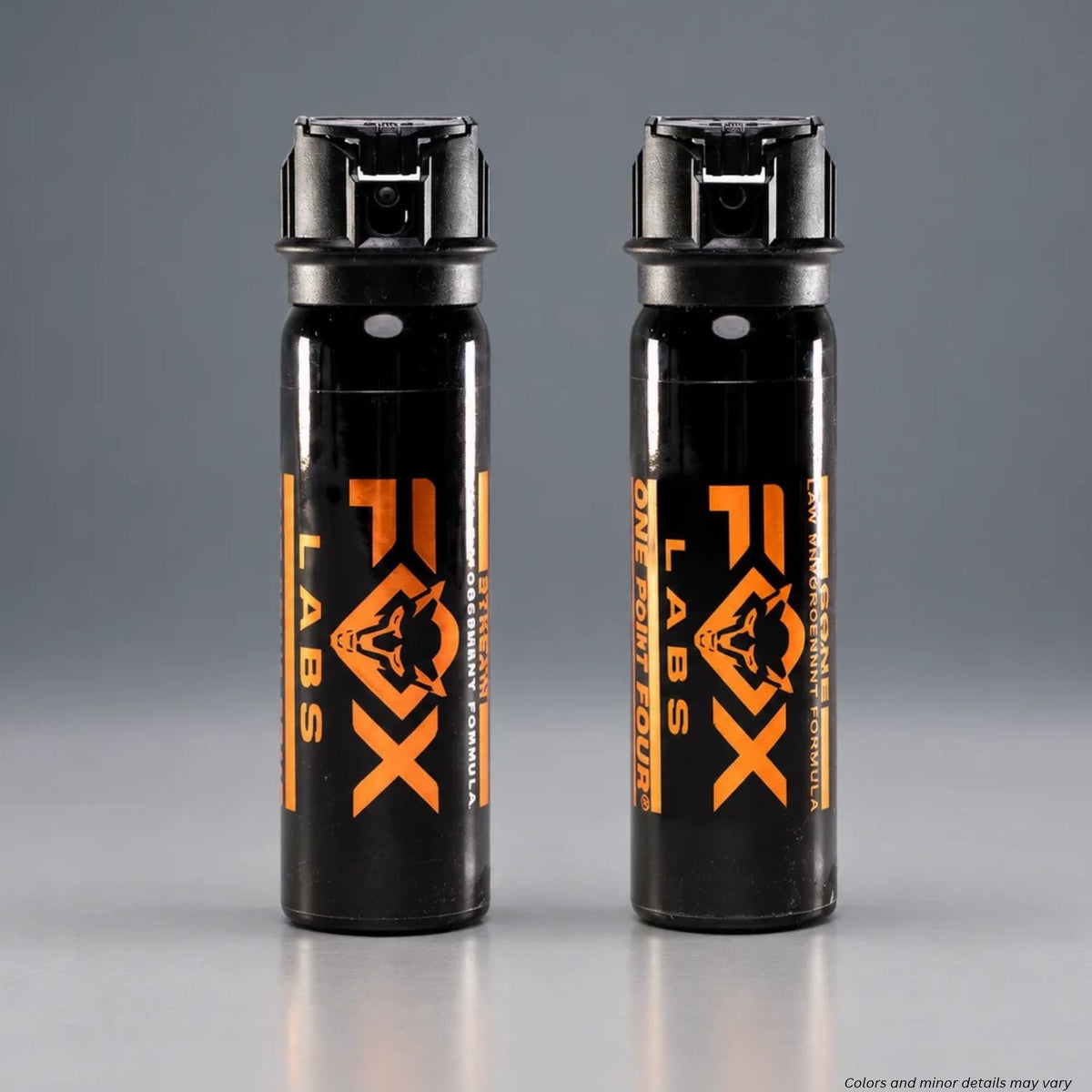 Fox Labs One Point Four 4 oz pepper spray 44FT, Stream and Cone Fog canisters side by side with flip top caps