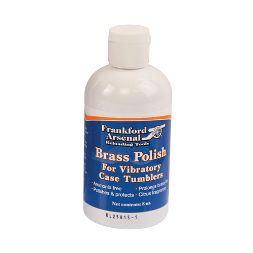 Frankford Arsenal Quick-n-EZ Brass Polish 8 oz bottle for cleaning and protecting brass cases, ammonia free and citrus scented.