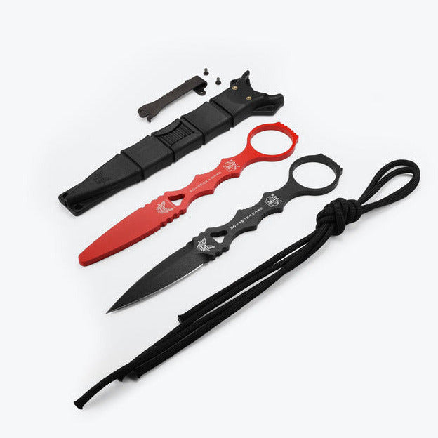 Set of Benchmade SOCP Dagger 176BK-COMBO fixed blade combo with trainer with red blade and black handles on a white background