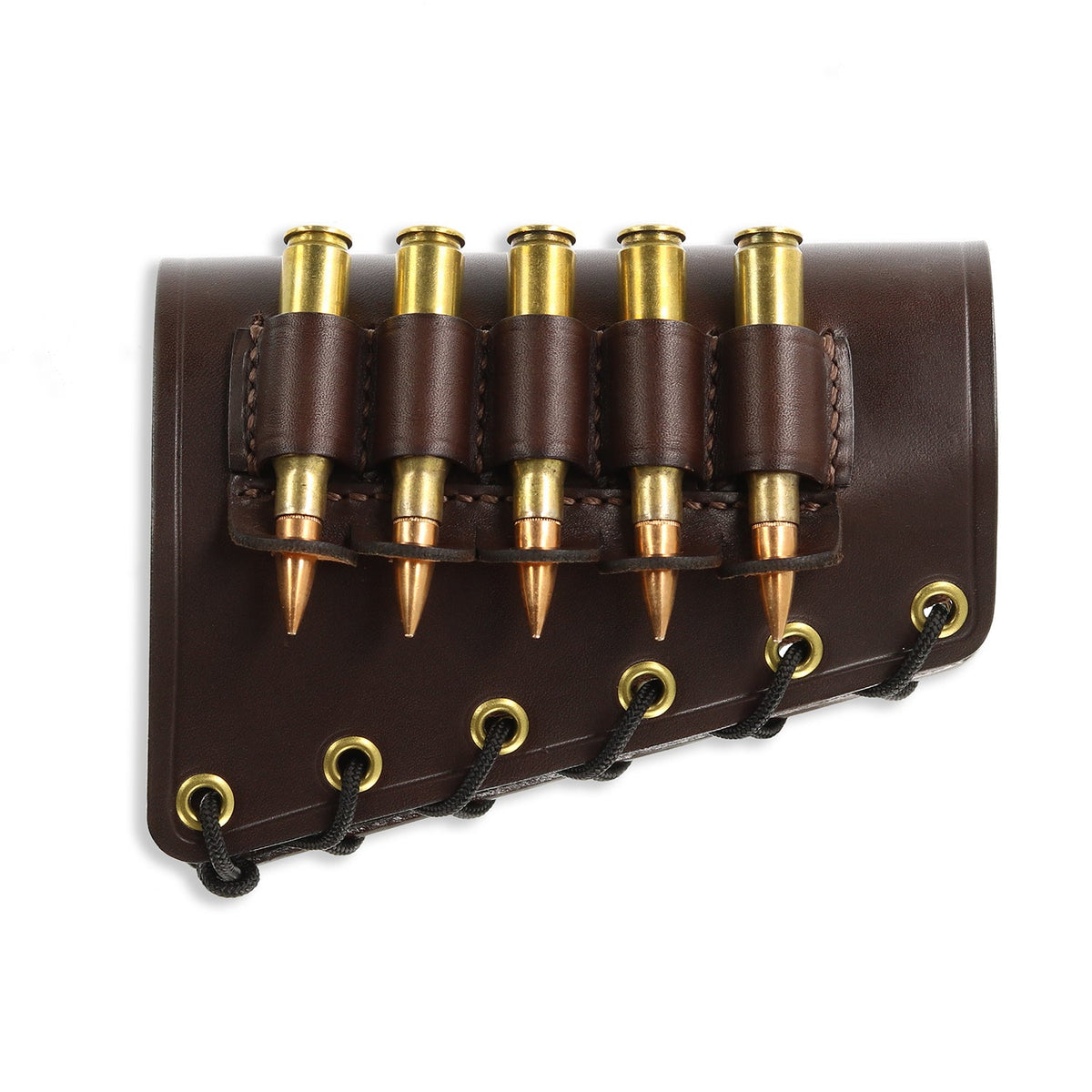 Brown leather ammo belt with six gold-colored bullets on a white background