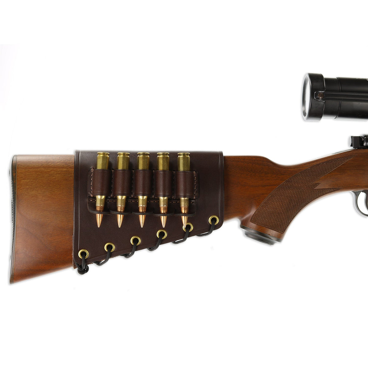 A dark brown leather rifle buttstock magazine holder with five vertical loops holding brass cartridges, shown attached to a wooden-stocked firearm against a white background.