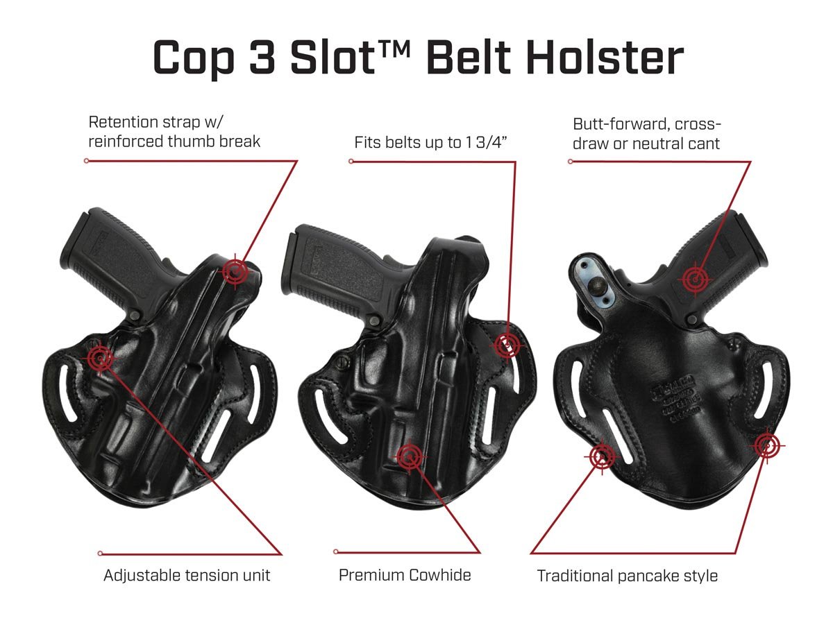 Three views of a black belt holster labeled 'Cop 3 Slot™ Belt Holster' on a white background, with callout text and red arrows pointing to features such as the retention strap, belt capacity, and styles.