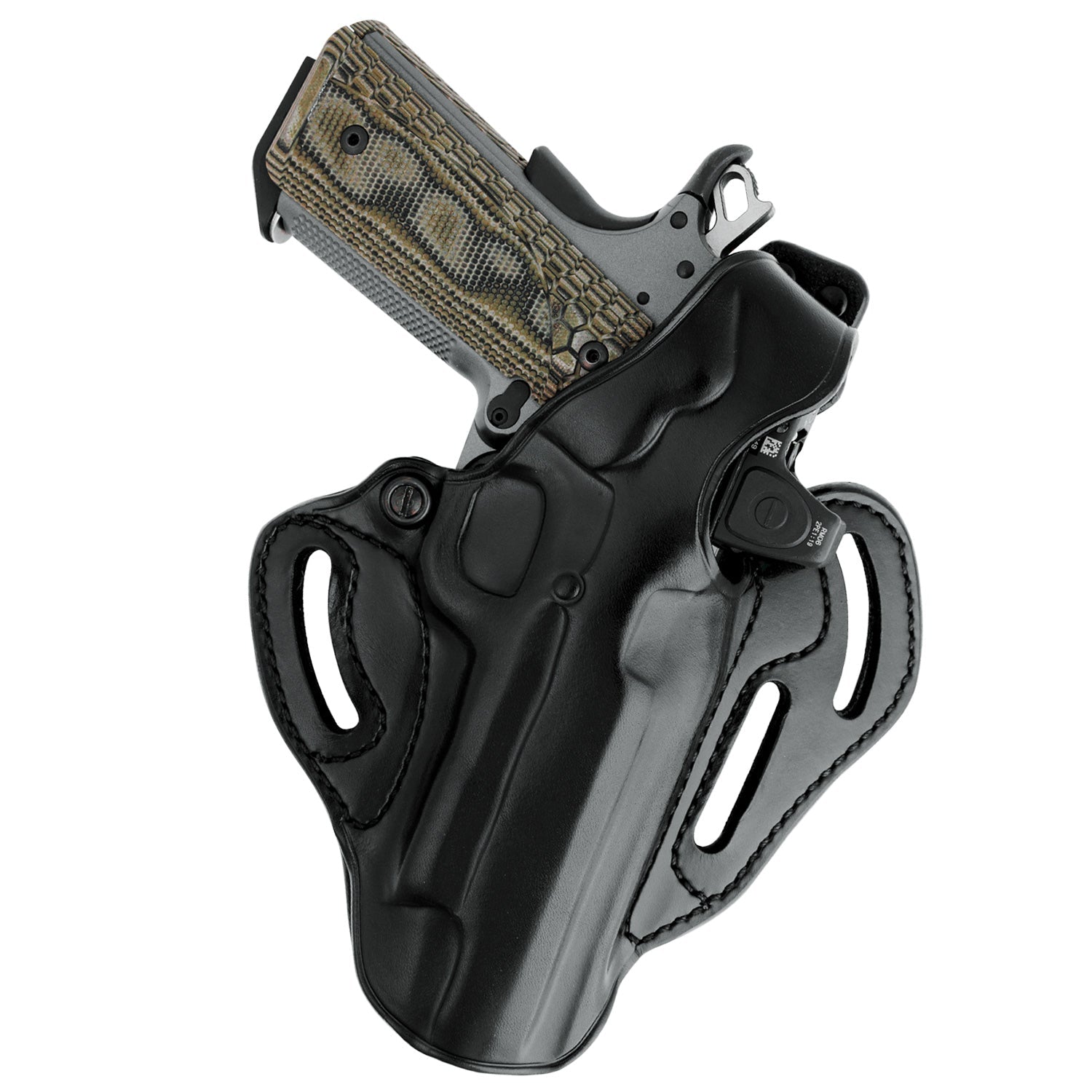A black leather semi-automatic pistol holster shown with a handgun inserted, photographed on a clean white background.