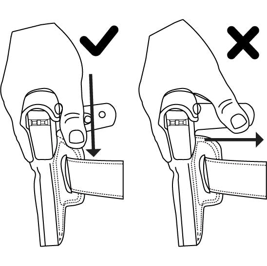 Black and white instructional diagram showing two hand positions for adjusting a strap or buckle, with a check mark on the left and an X on the right.