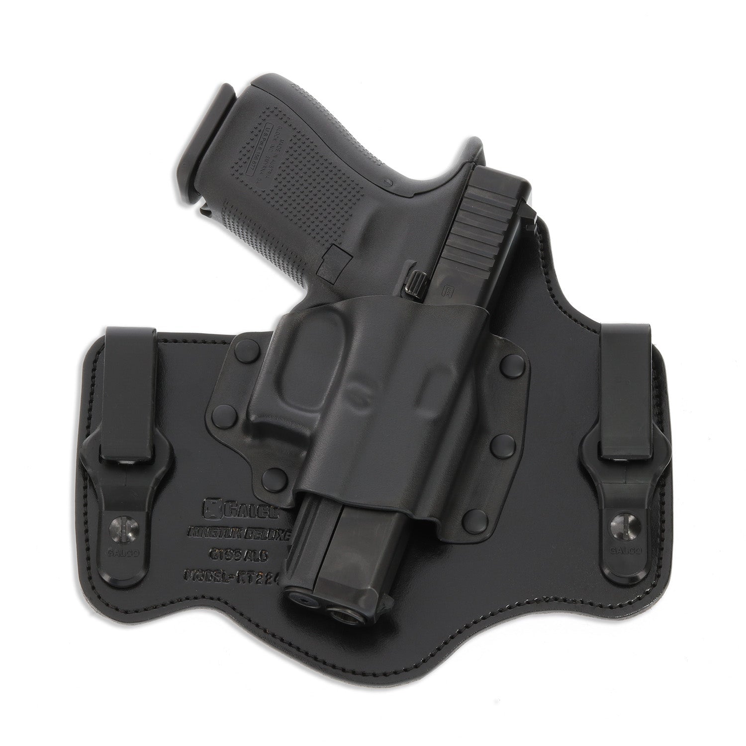 A black leather hip holster containing a black semi-automatic handgun, shown against a plain white background.