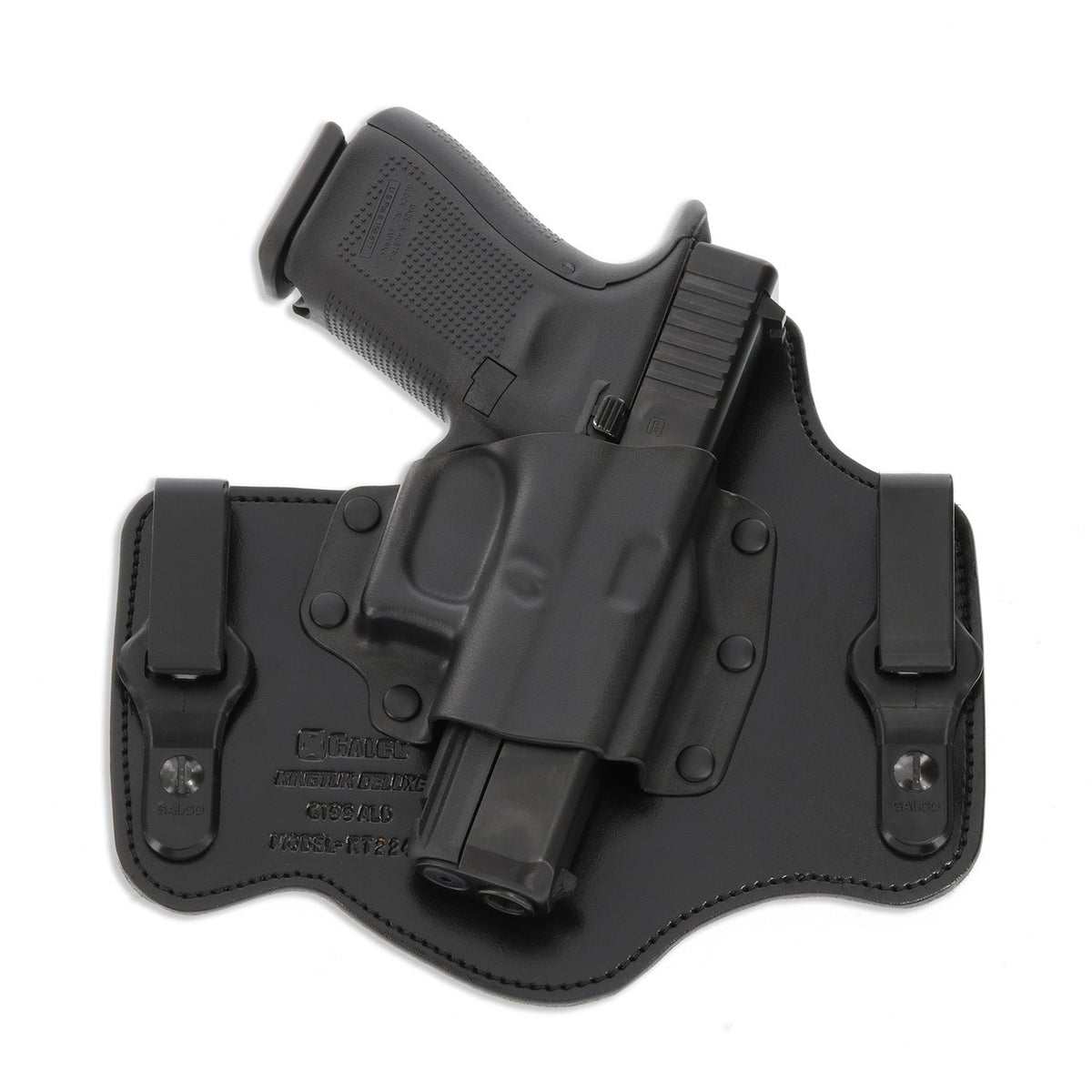 A black leather hip holster containing a black semi-automatic handgun, shown against a plain white background.