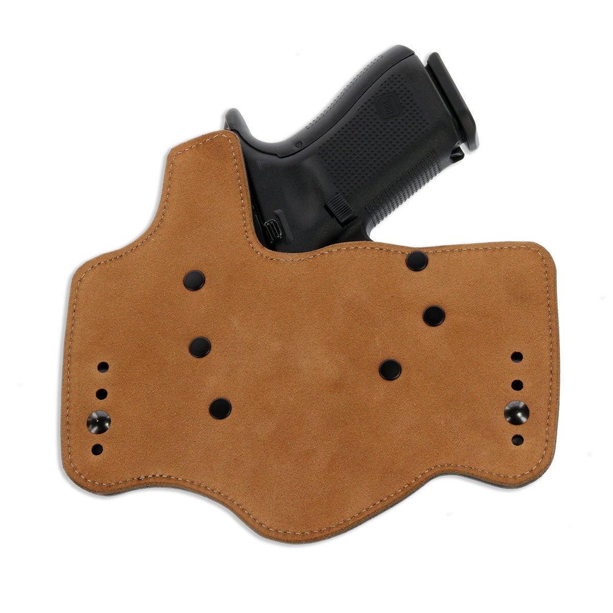 A tan leather hip holster containing a black semi-automatic handgun, shown from a top-down view on a white background.