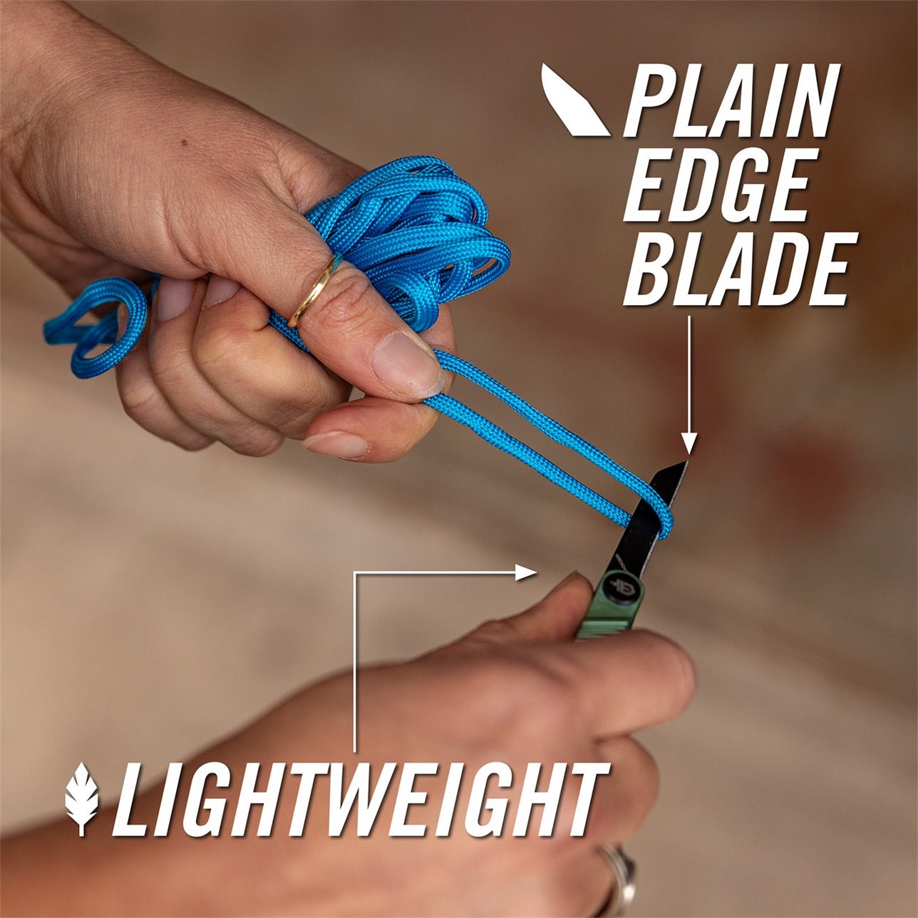 Person holding a blue paracord with a plain edge blade and text indicating 'Plain Edge Blade' and 'Lightweight'.