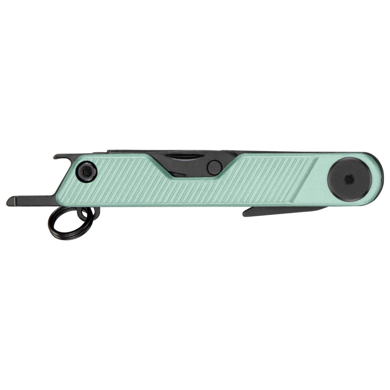 Mint green pocket knife with black accents on a white background