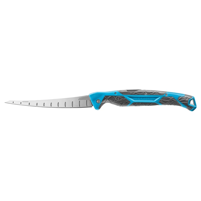 Gerber Gear Controller 6" folding fillet knife with cyan handle and serrated blade for enhanced grip and control.