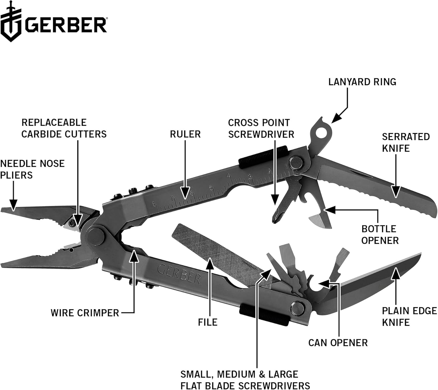 Gerber Gear Multi-Plier 600 14-in-1 Needlenose Black with Carbide Insert Cutters 30-000314 - WCUniforms