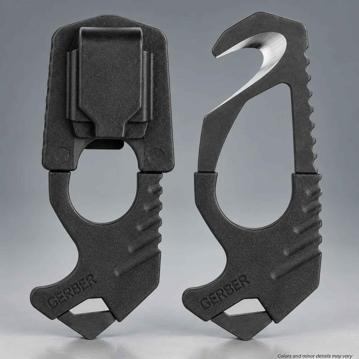 Gerber Gear Strap Cutter 22-01944 in black with shielded hook blade, glass breaker, and finger hole grip