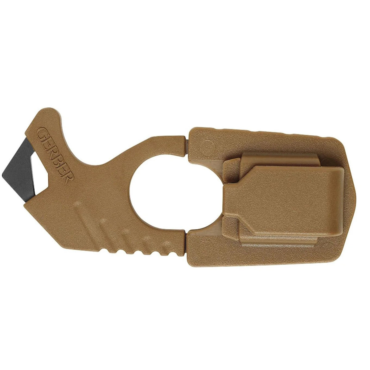 Gerber Strap Cutter in Coyote Brown beside its molded sheath with mounting clip