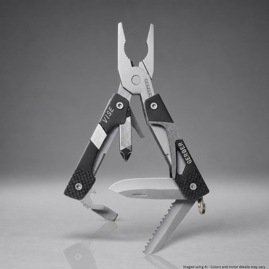 Multitool with pliers and knife blade on a gray background