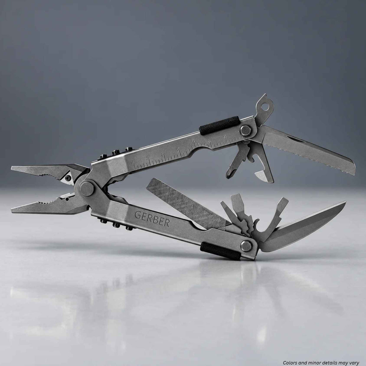 Gerber Multi-Plier 600 Needlenose stainless multi-tool open with blades, file, and drivers extended
