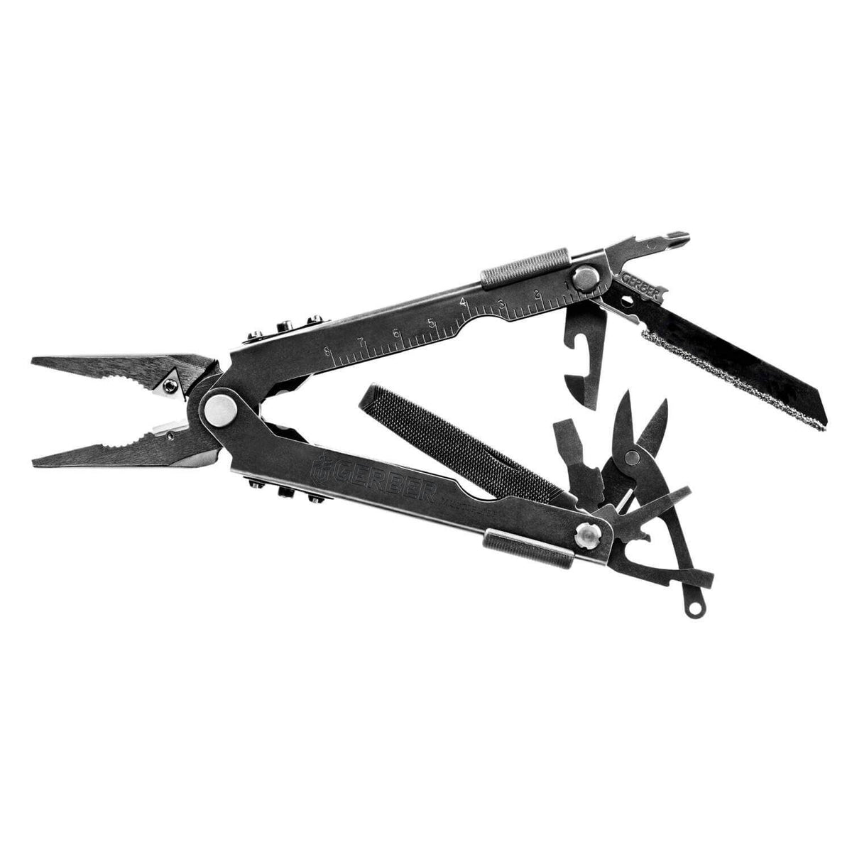 Gerber MP600 Bladeless opened to show needlenose pliers, RemGrit saw, scissors, file, and drivers