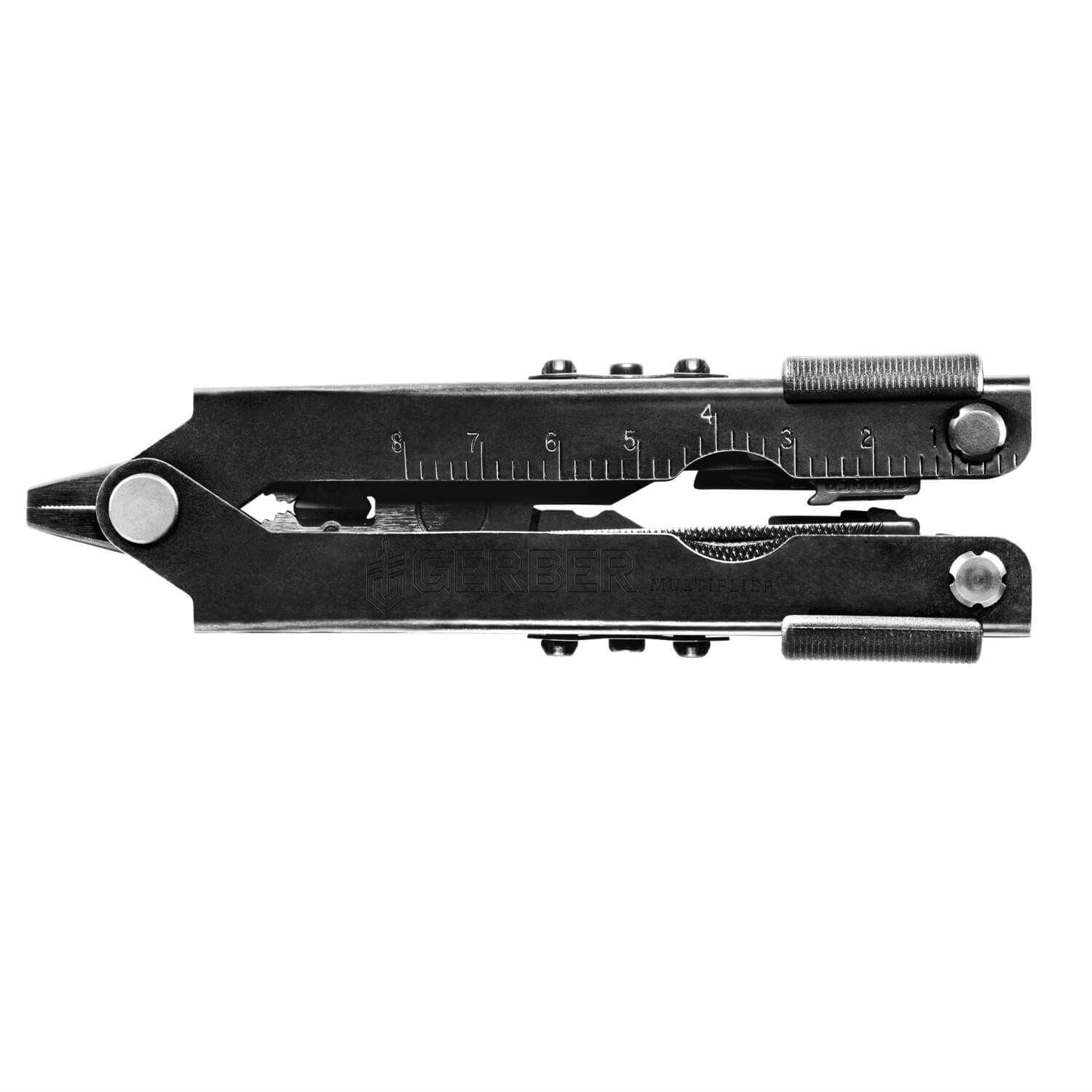 Gerber Multi-Plier 600 Bladeless closed, front of black handle with inch ruler scale