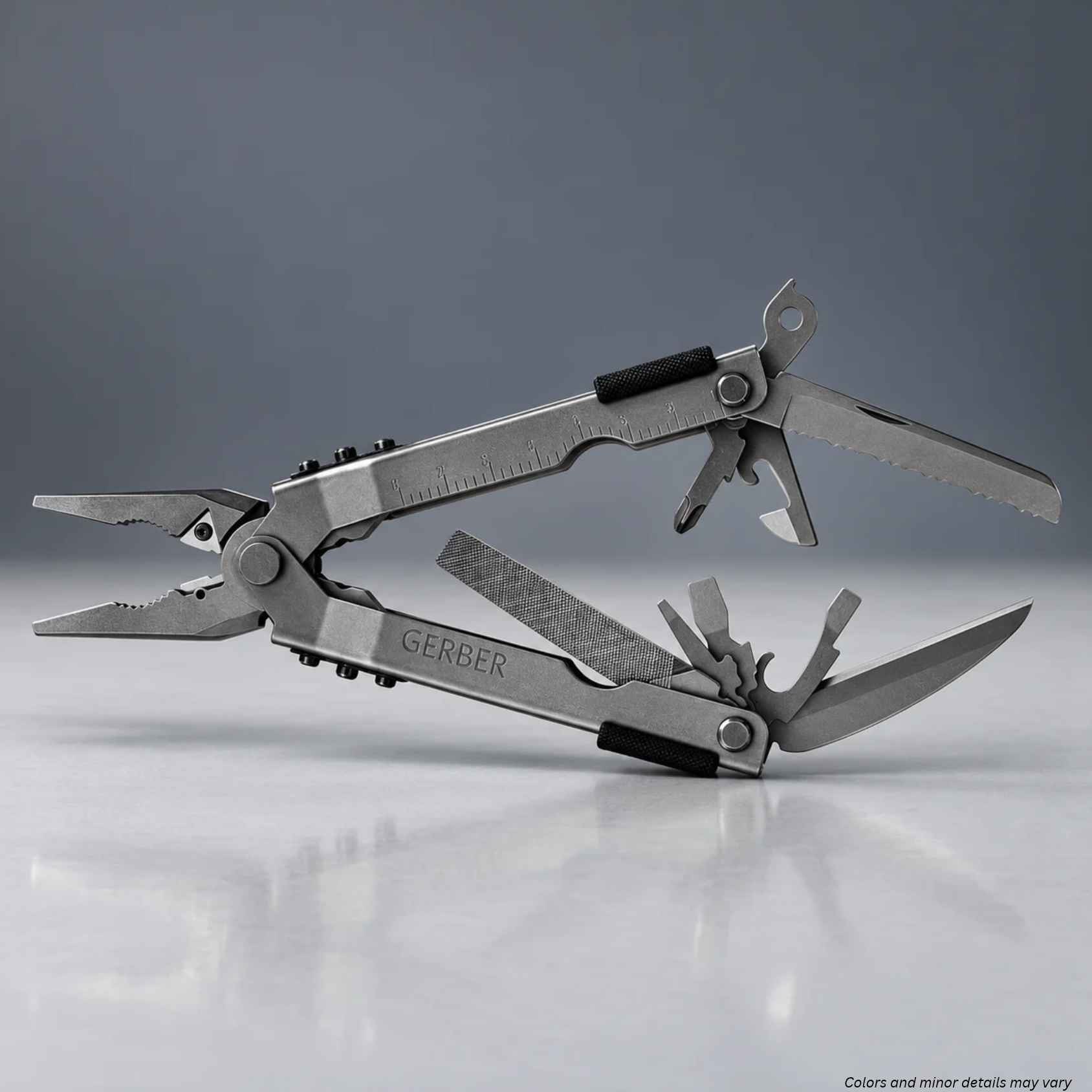 Gerber Multi-Plier 600 Needlenose stainless multi-tool open with blades, file, and drivers extended
