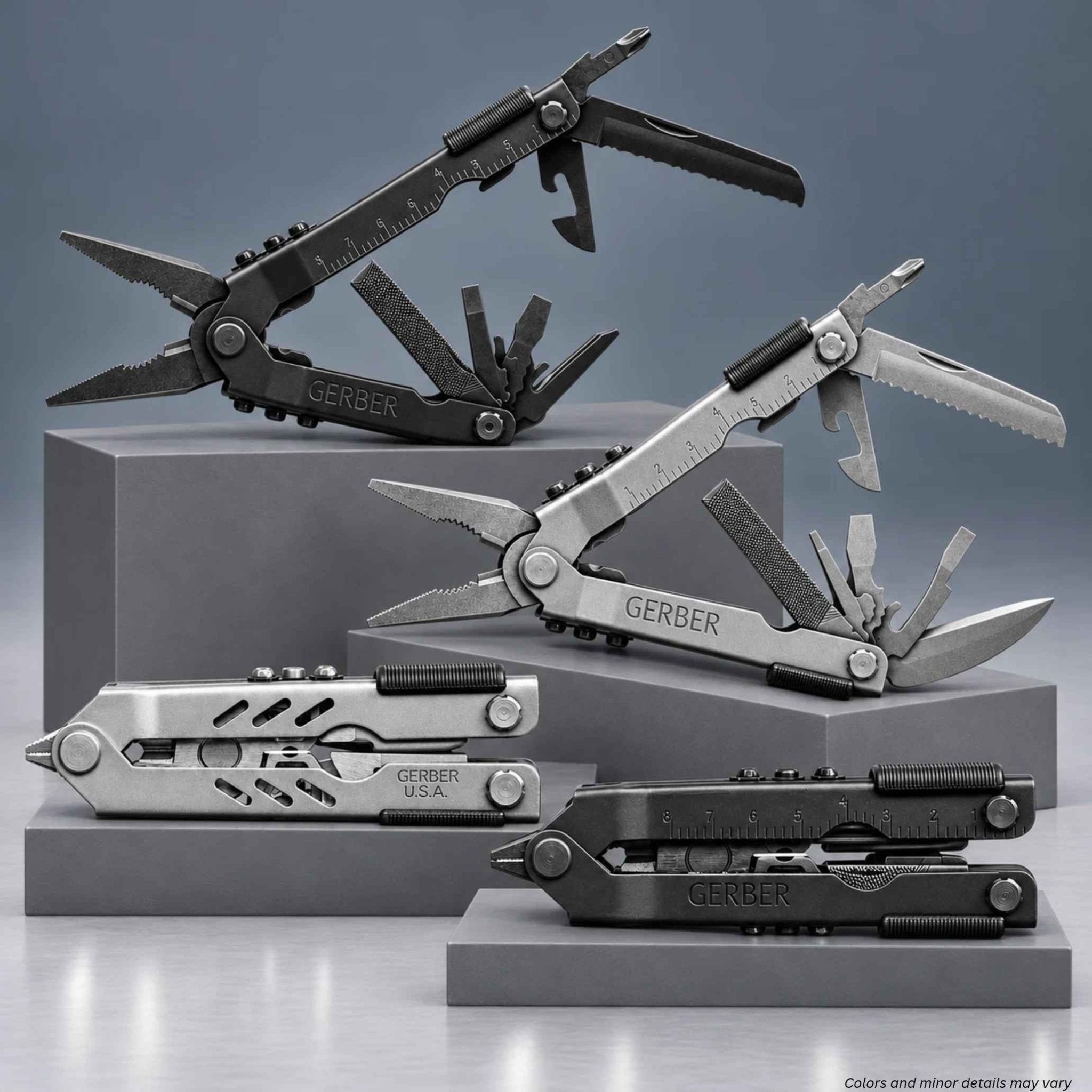 Gerber Multi-Plier 600 Needlenose 07530 stainless and 07550 black multi-tools shown open and closed